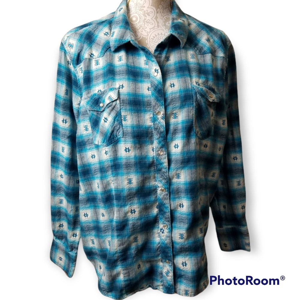 Ladies Blue/green Pearl Snap Button Southwest/Western Button Down Size 1-2X